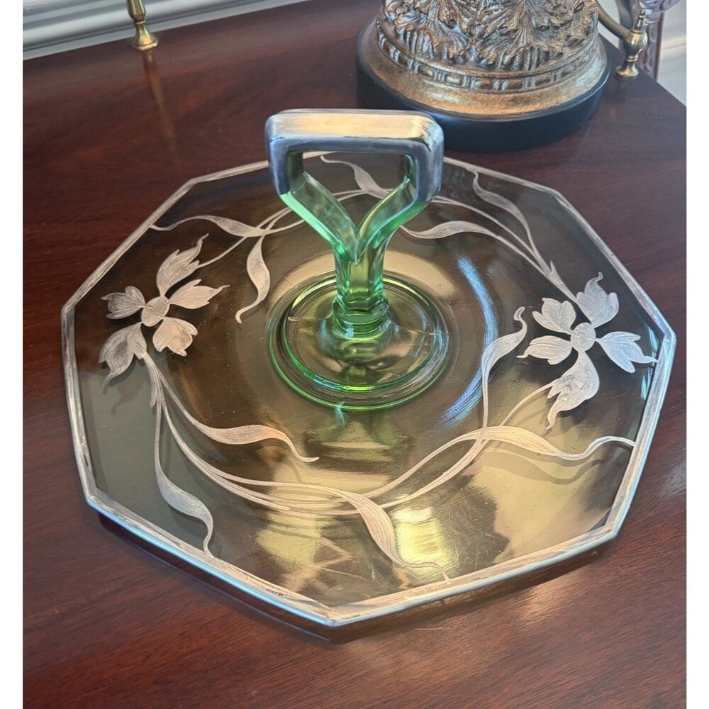 Green Depression Glass Handled Serving Sandwich Tray Sterling Silver Overlay